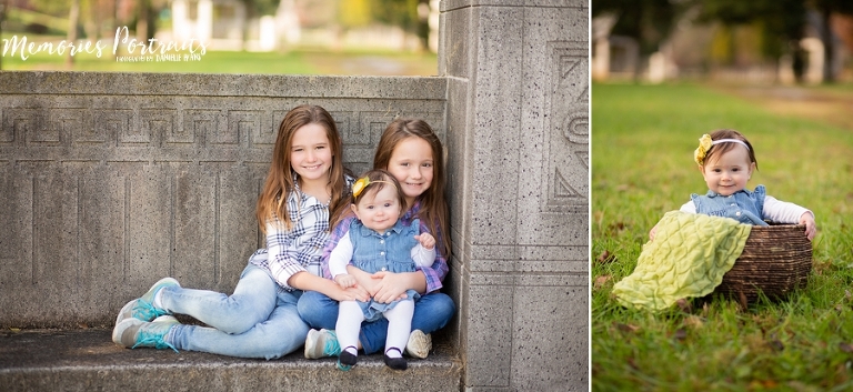 6 month old baby girl with sisters in park beside a photo of the 6 month old in brown basket enjoying the fall day