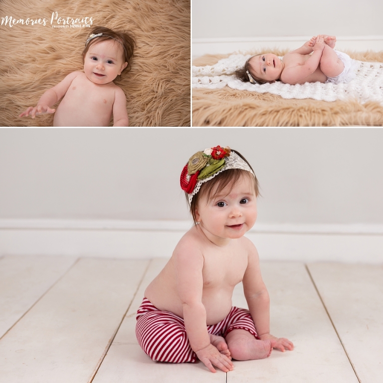 6 month old baby girl in a variety of portrait positions - over top on fluffy blanket, grabbing her feet, sitting up with bare chest
