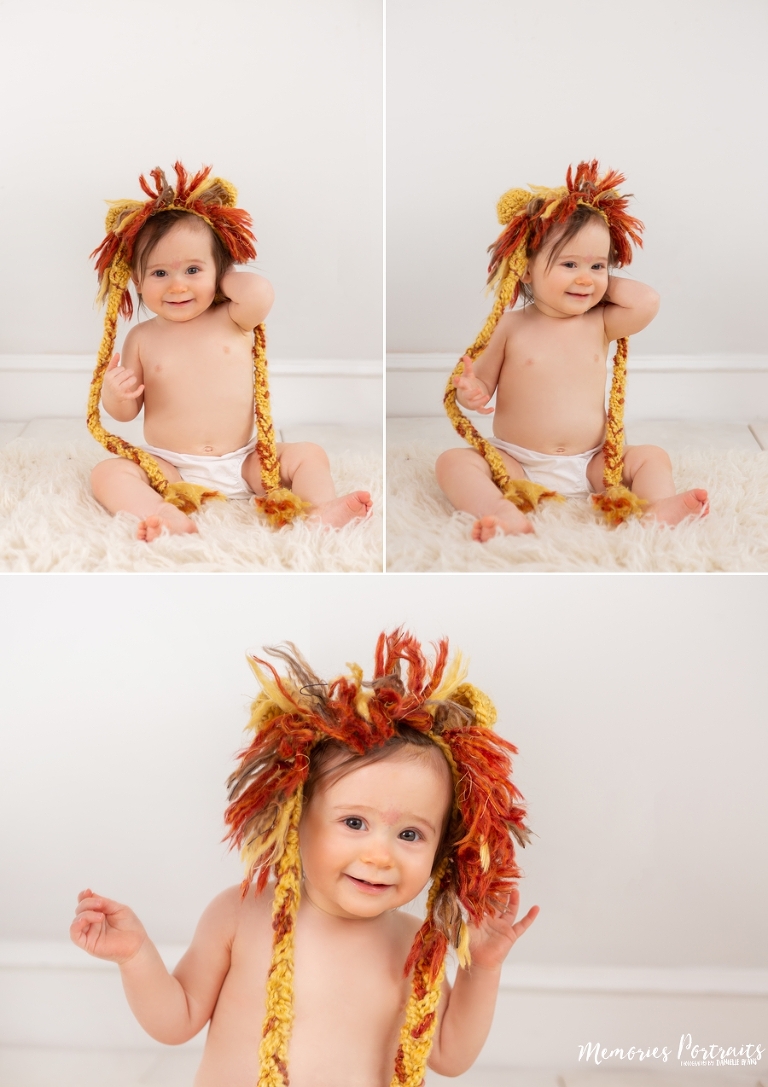 9 month old baby girl in knit lion mane hat