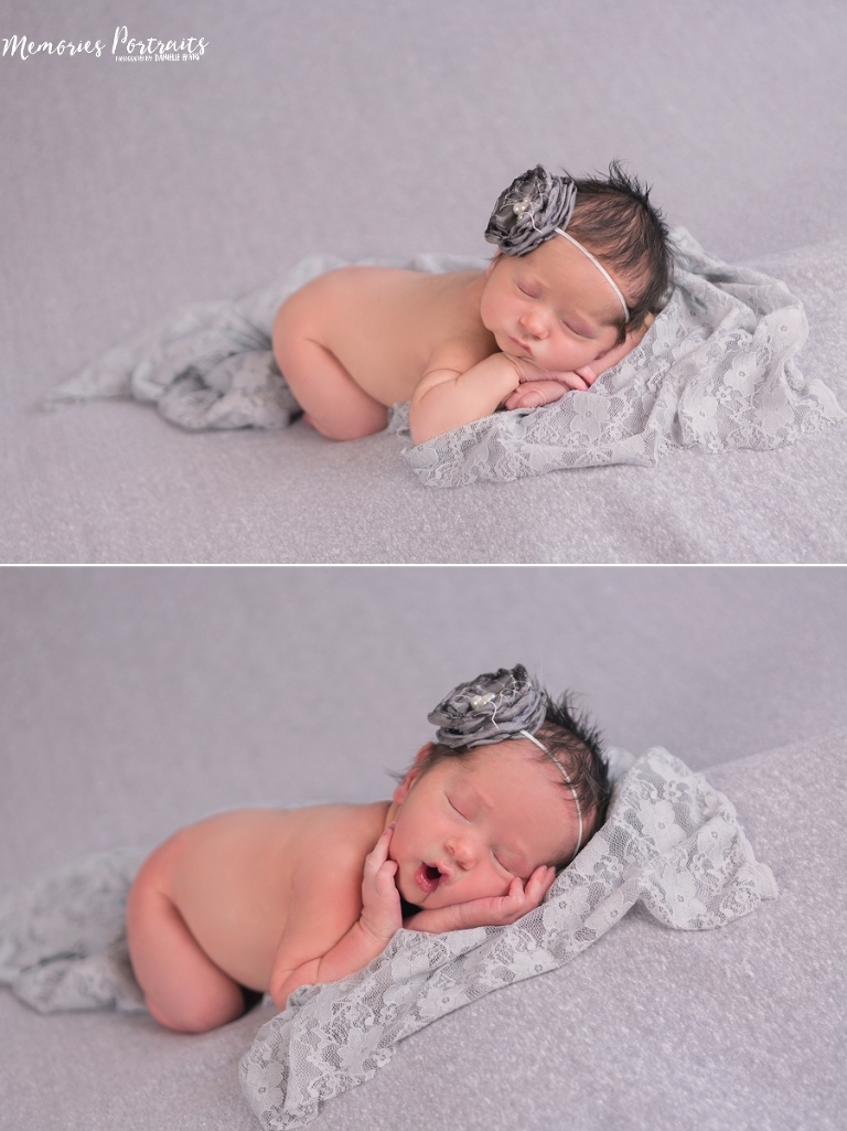 sleeping newborn in traditional squish poses on gray background