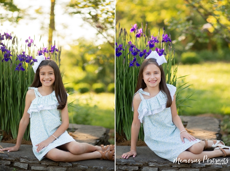 side by side of sisters individually sitting infront of flowers