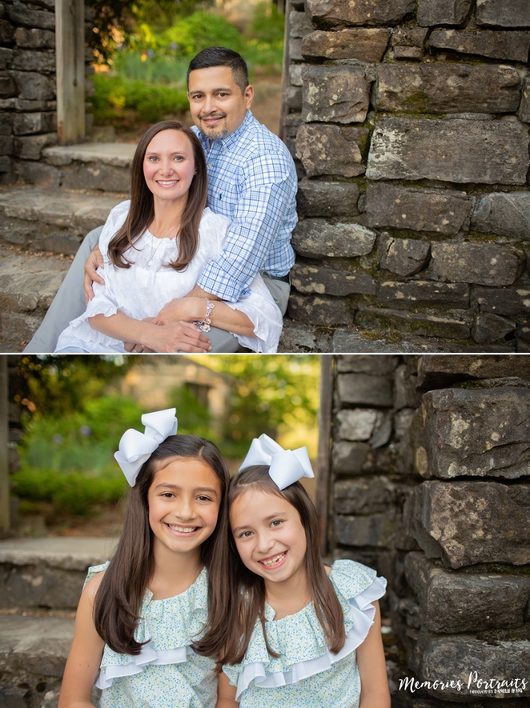 mom and dad picture and sisters picture infront of stone doorway at knoxville botanical gardens